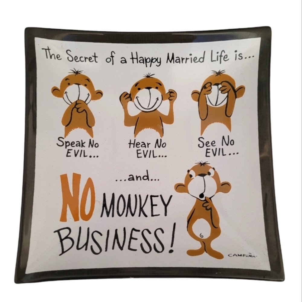 MCM Vintage Campaña Monkey Business Happy Married Life Glass Trinket Dish‎